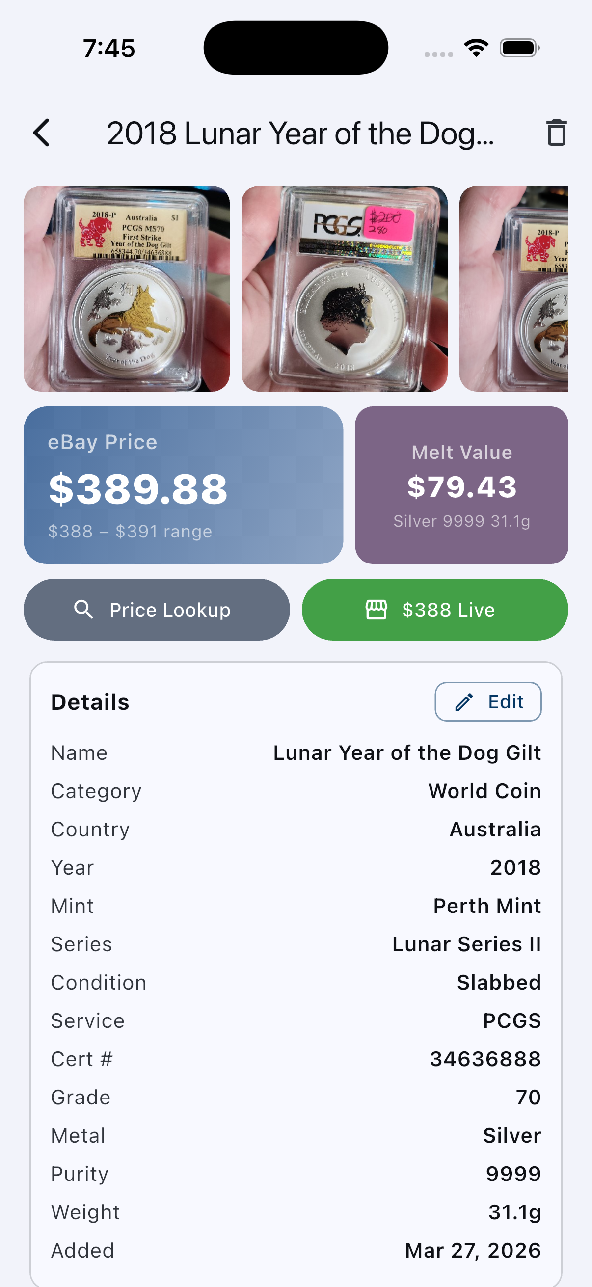 A 2018 Perth Mint Lunar Year of the Dog, graded PCGS MS-70, shown with its melt value and live eBay price side by side