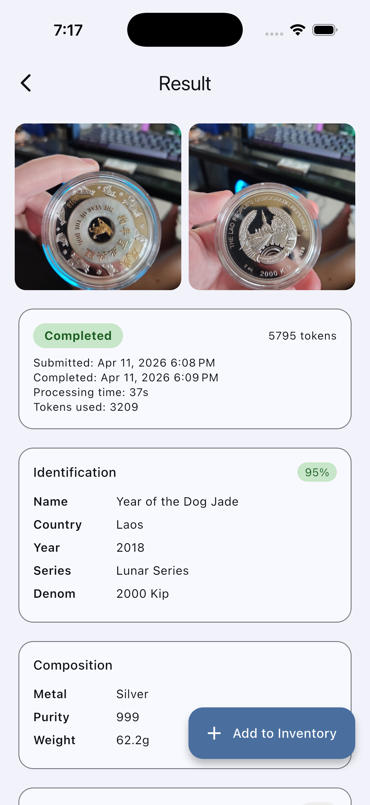 DeepScan result for a 2018 Laos Lunar Year of the Dog Jade, identified at 95% confidence with full composition data