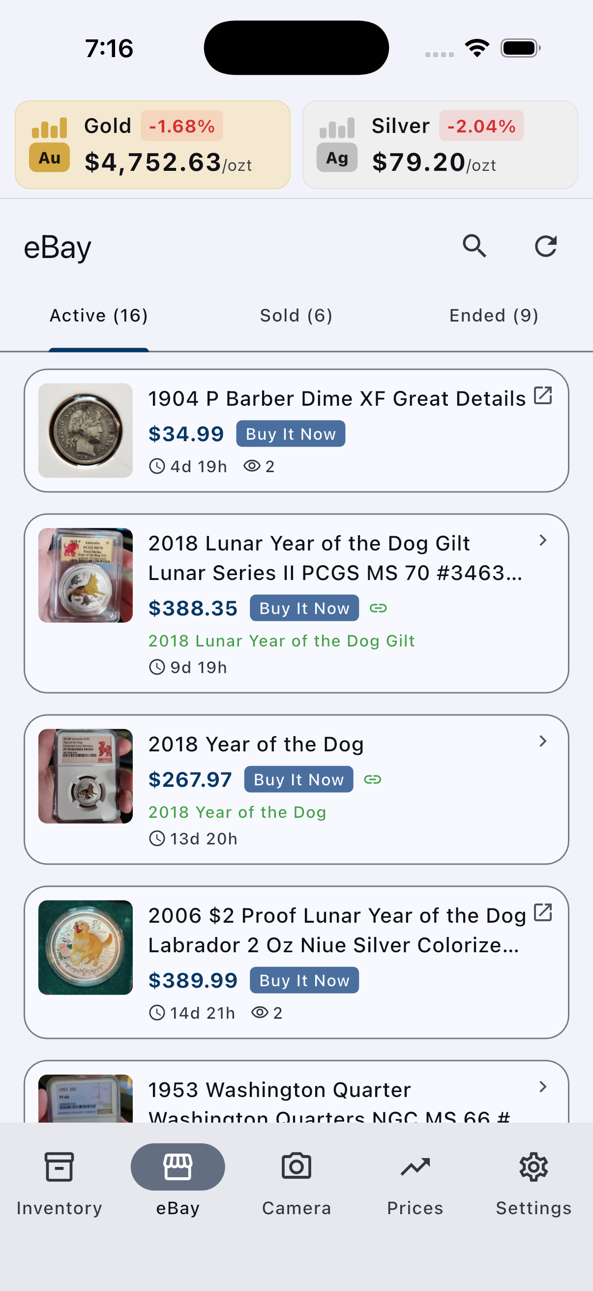 eBay tab showing active, sold, and ended listings with prices and watcher counts
