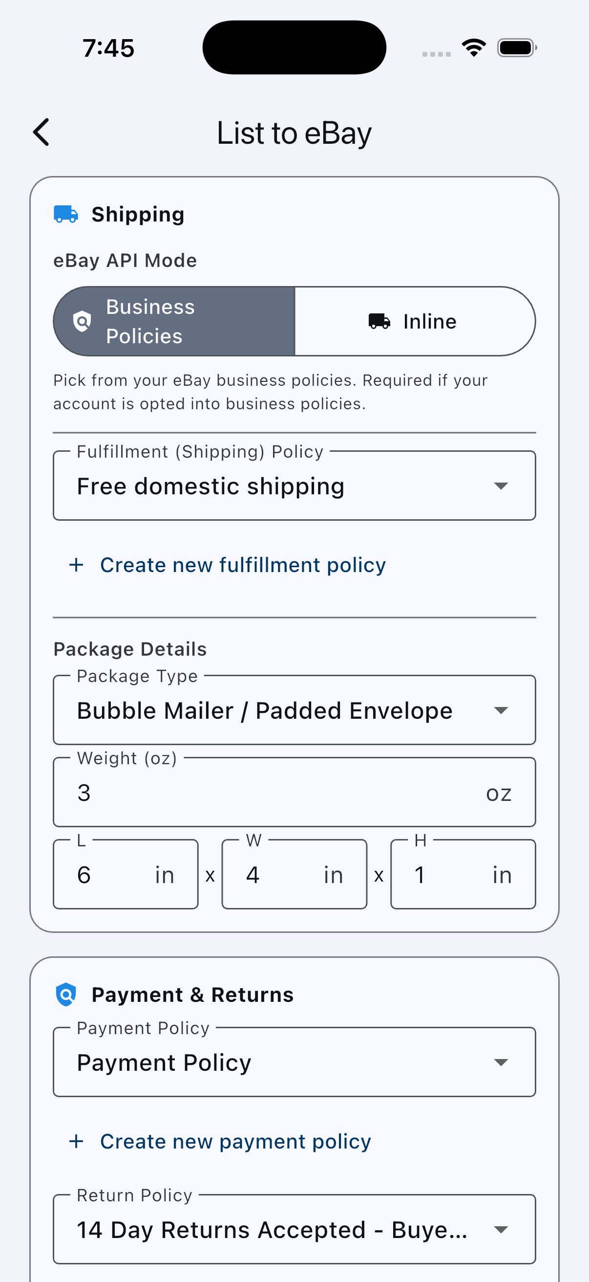 Listing a coin to eBay from within the app, with business-policy and package-dimension fields pre-filled