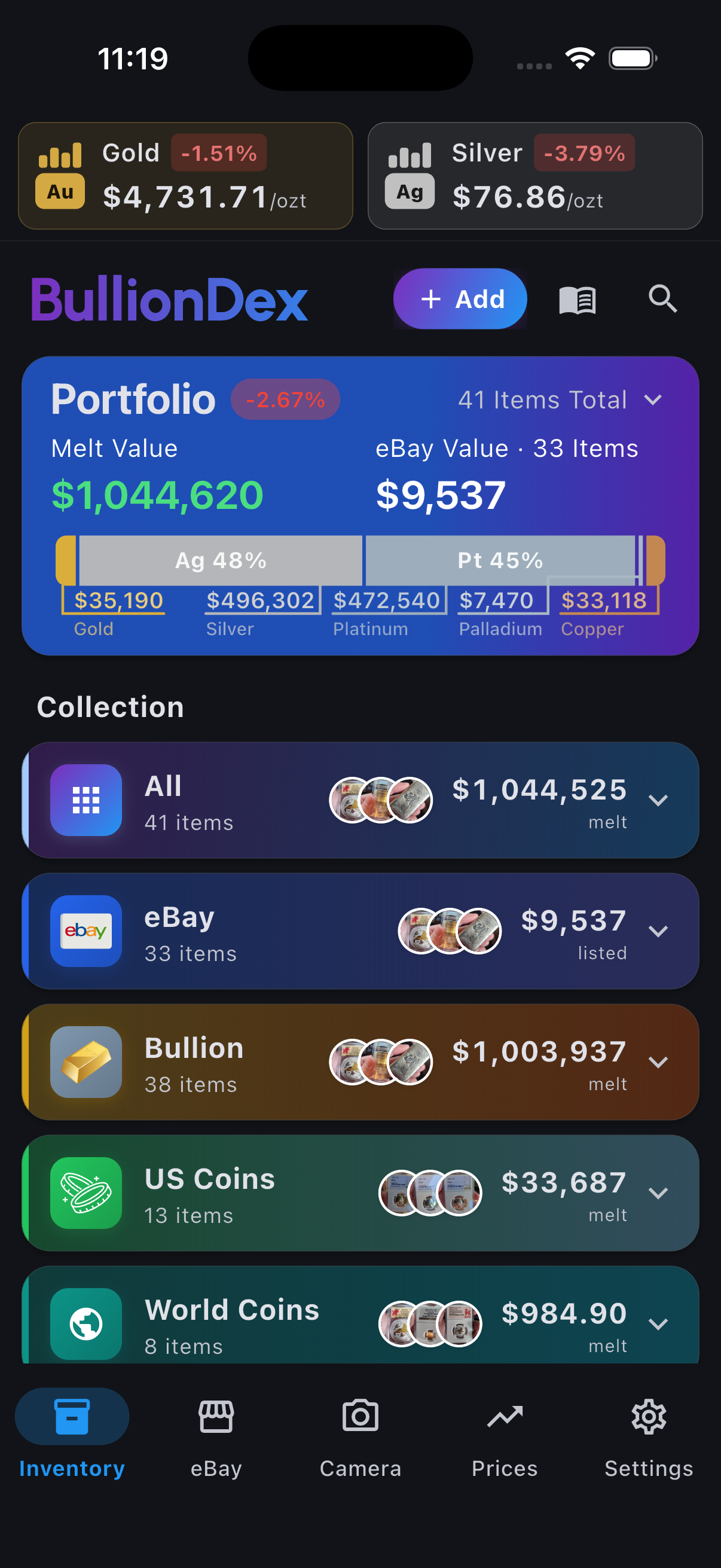 BullionDex portfolio view showing live melt and eBay values with a full metal breakdown across gold, silver, platinum, palladium, and copper — weight and dollar value per fineness